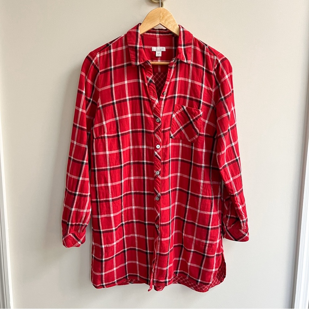 J. Jill Red Plaid 100% Cotton Button Down Tunic Shirt Small